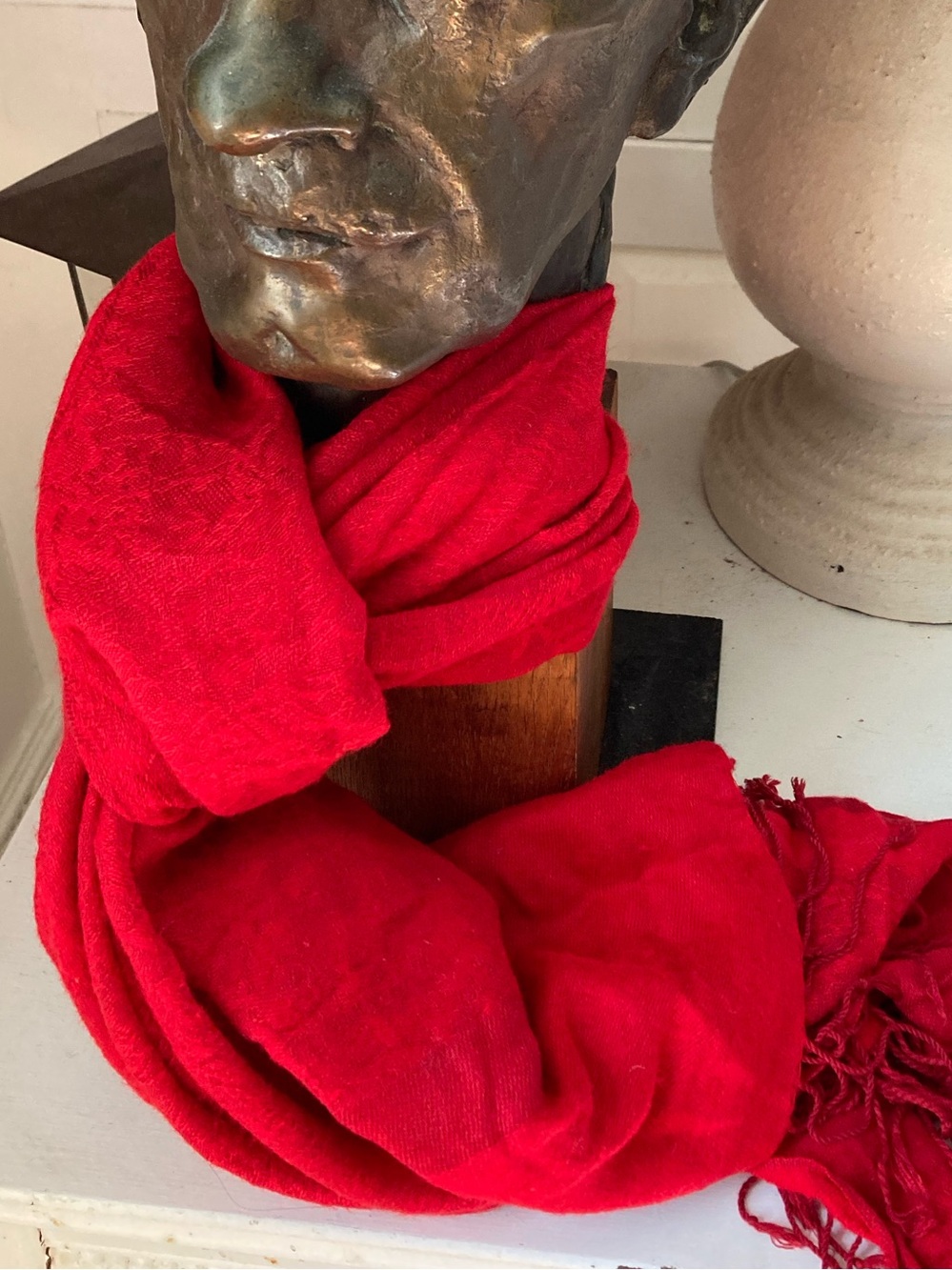 Long Red Fringed Scarf.